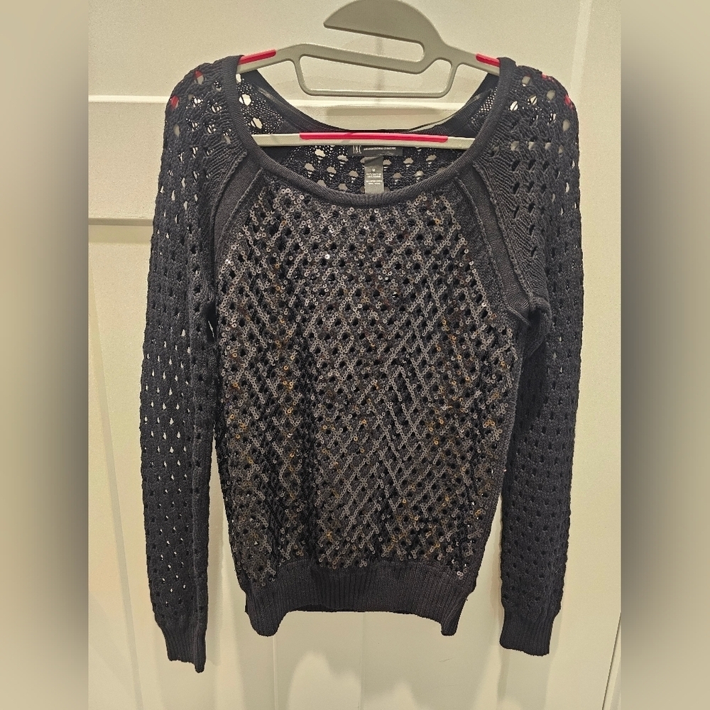 INC International Concepts Black Sequin Open Knit Sweater Women’s M